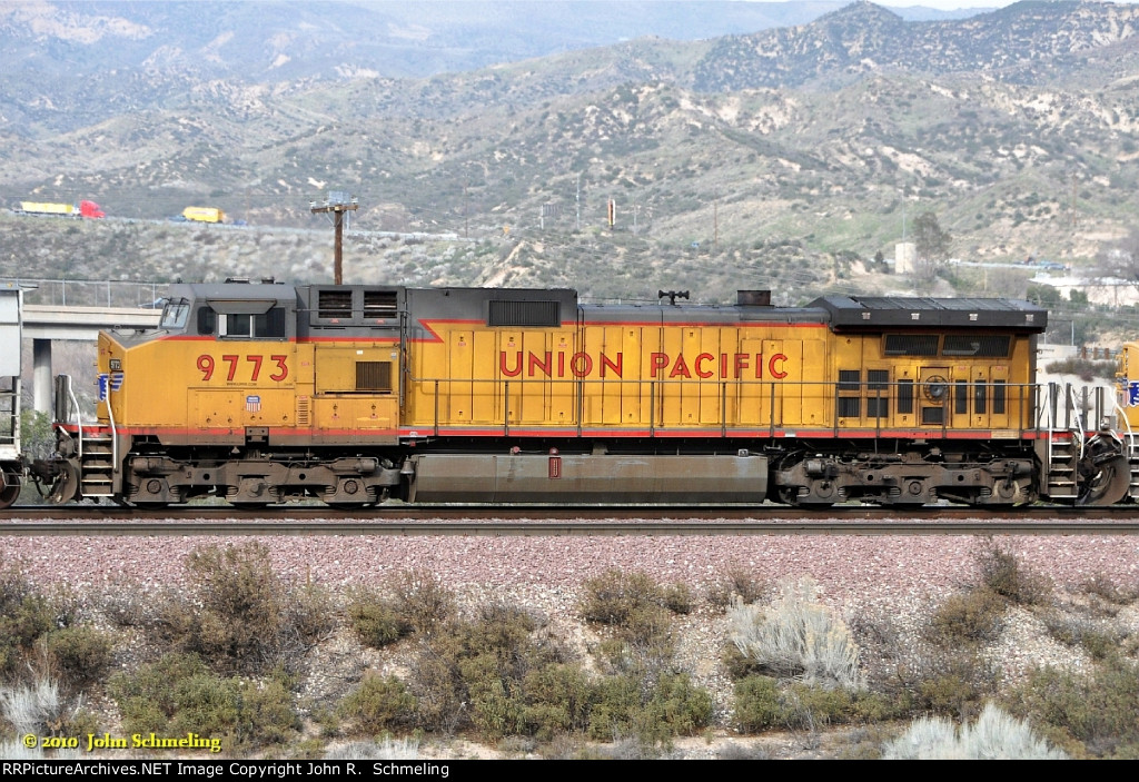 UP 9773 (C44-9W Ex CNW 8669) at Alray-Cajon Pass CA.  2/17/2010